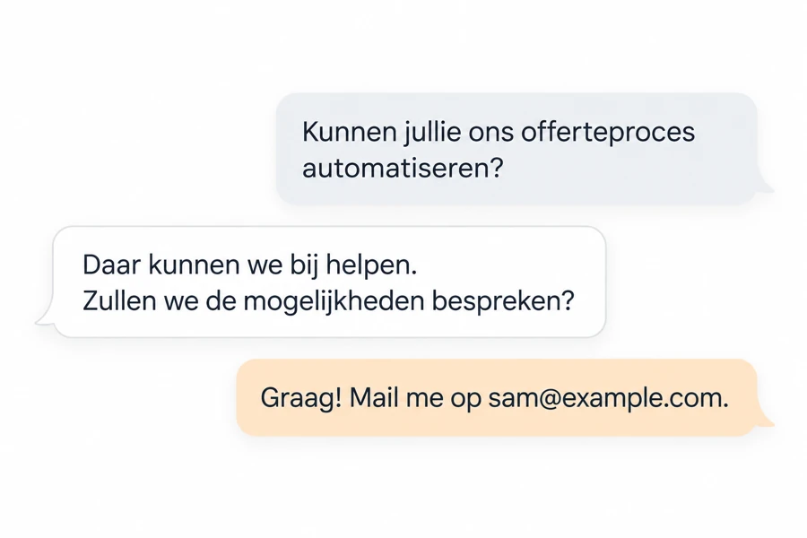 Voorbeeld saleschat: een bezoeker vraagt naar automatisering en laat na een uitnodiging het e-mailadres sam@example.com achter.